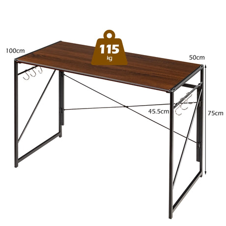 Folding Computer Desk Writing Study Desk Home Office with 6 Hooks-Brown