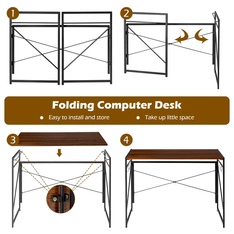 Folding Computer Desk Writing Study Desk Home Office with 6 Hooks-Brown