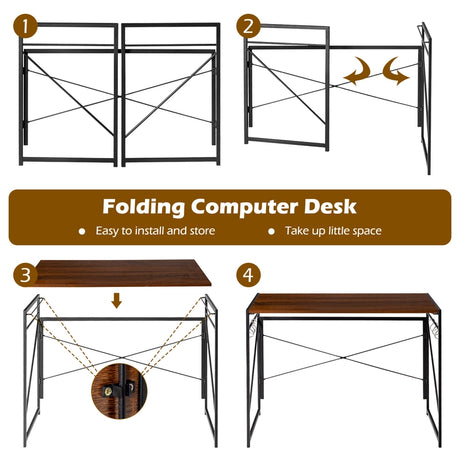 Folding Computer Desk Writing Study Desk Home Office with 6 Hooks-Brown