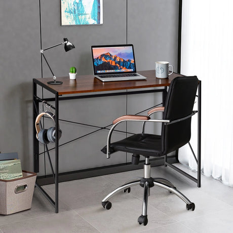 Folding Computer Desk Writing Study Desk Home Office with 6 Hooks-Brown