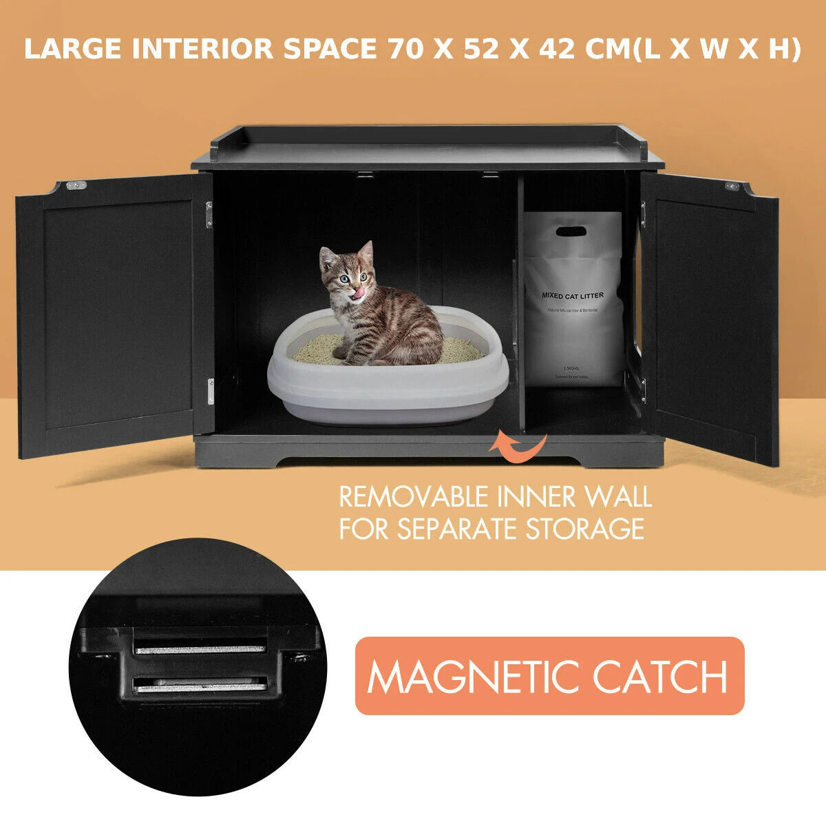Cat Litter Box with Magnetic Door and Adjustable Partition