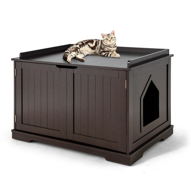 Cat Litter Box Enclosure with Double Doors for Large Cat and Kitty-Brown