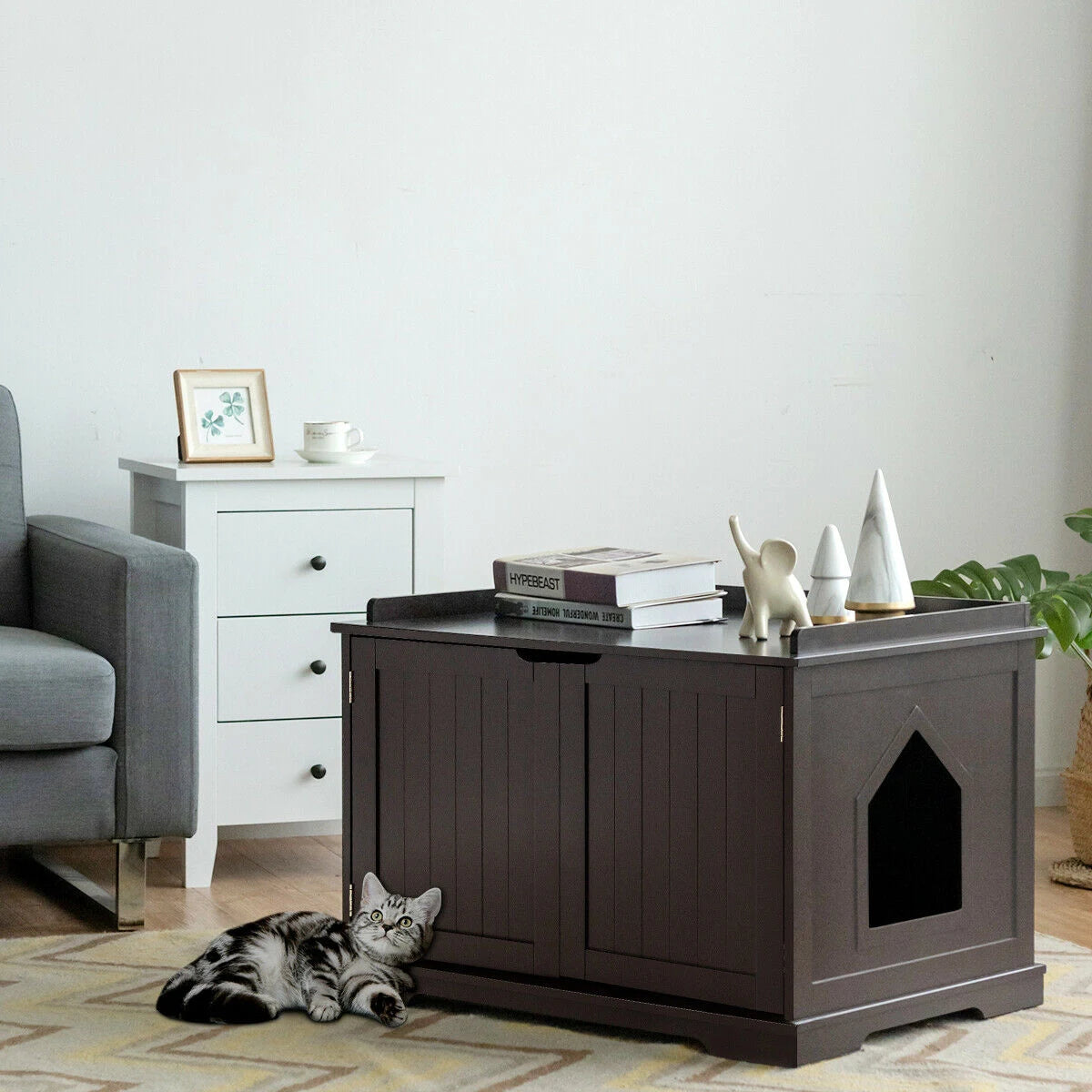 Cat Litter Box Enclosure with Double Doors for Large Cat and Kitty-Brown