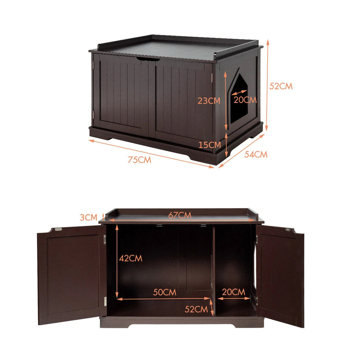 Cat Litter Box Enclosure with Double Doors for Large Cat and Kitty-Brown