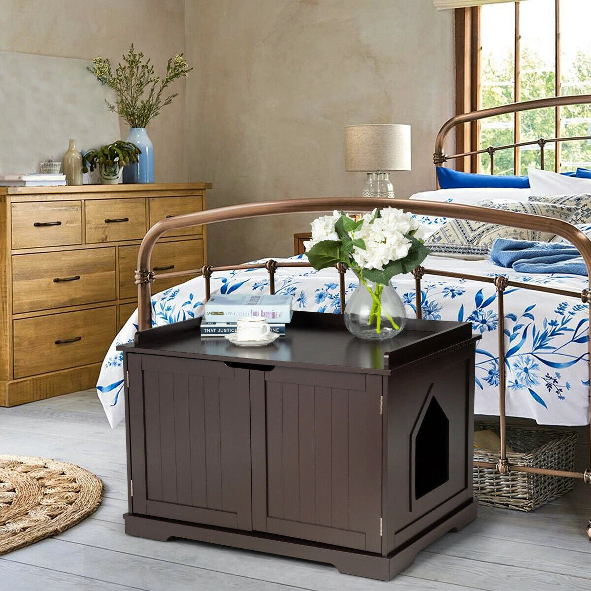 Cat Litter Box Enclosure with Double Doors for Large Cat and Kitty-Brown