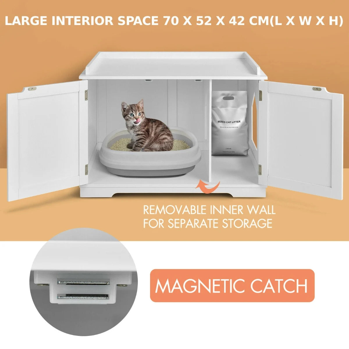 Cat Litter Box with Magnetic Door and Adjustable Partition