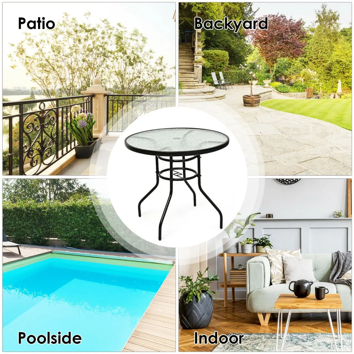 Round Coffee Table with Umbrella Hole for Patio & Garden & Balcony