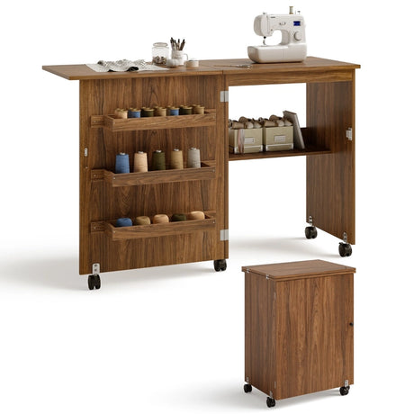 Folding Sewing Craft Table Shelf Storage Cabinet Home Furniture-Brown
