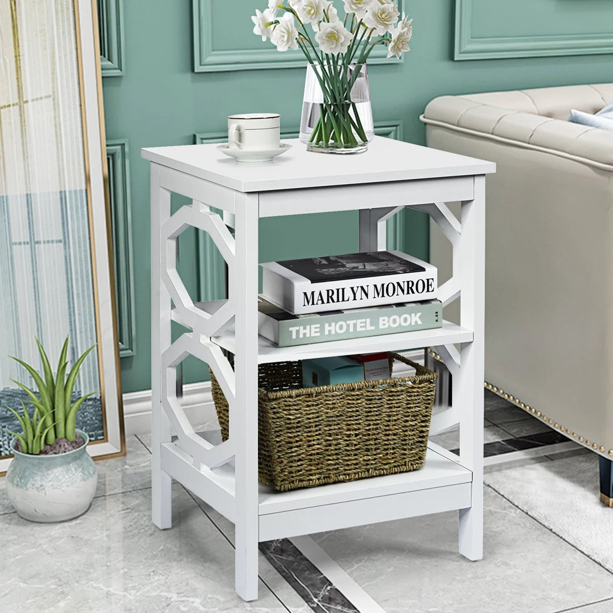3-tier Nightstand Sofa Side End Accent Table-White