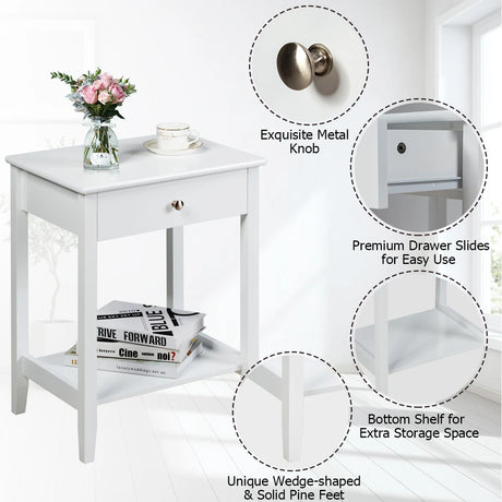 Set of 2 Wooden Bedside Sofa Table-White