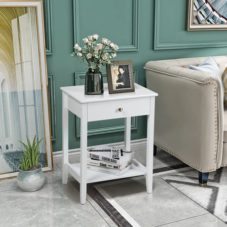 Set of 2 Wooden Bedside Sofa Table-White