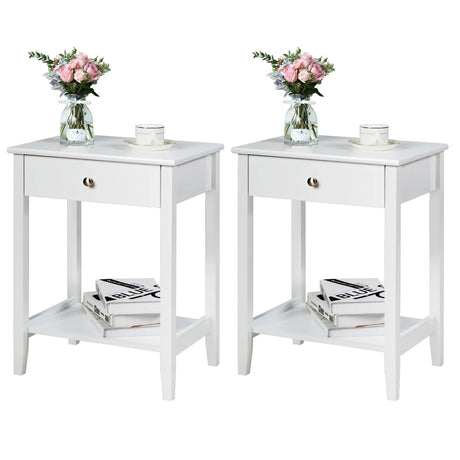 Set of 2 Wooden Bedside Sofa Table-White