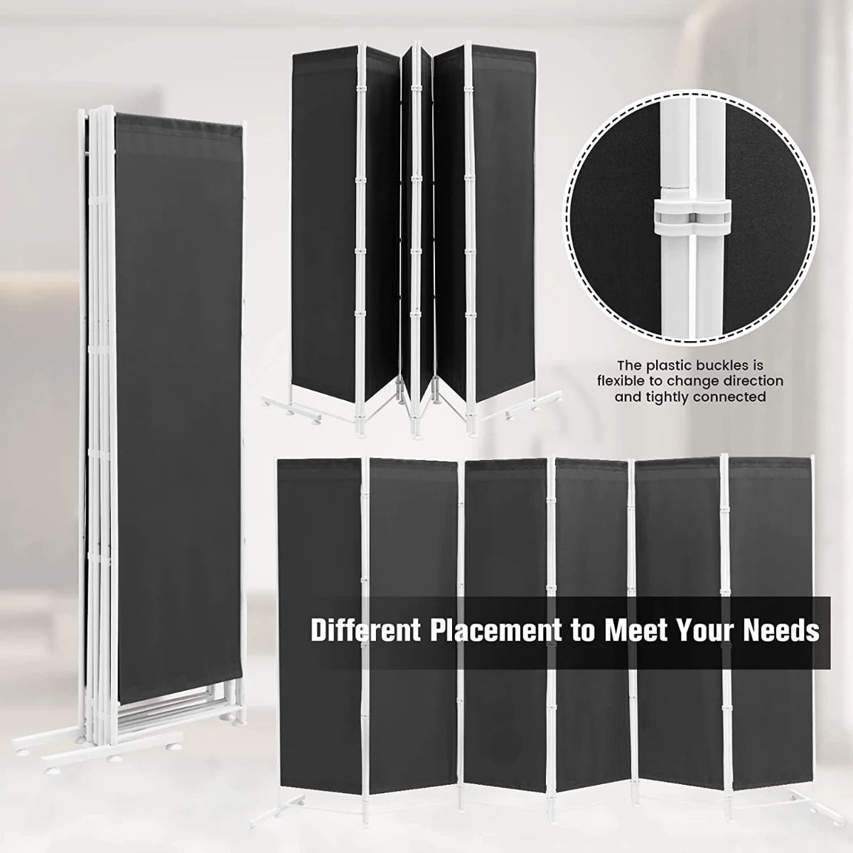 6-Panel Room Divider with Adjustable Foot Pads-Grey