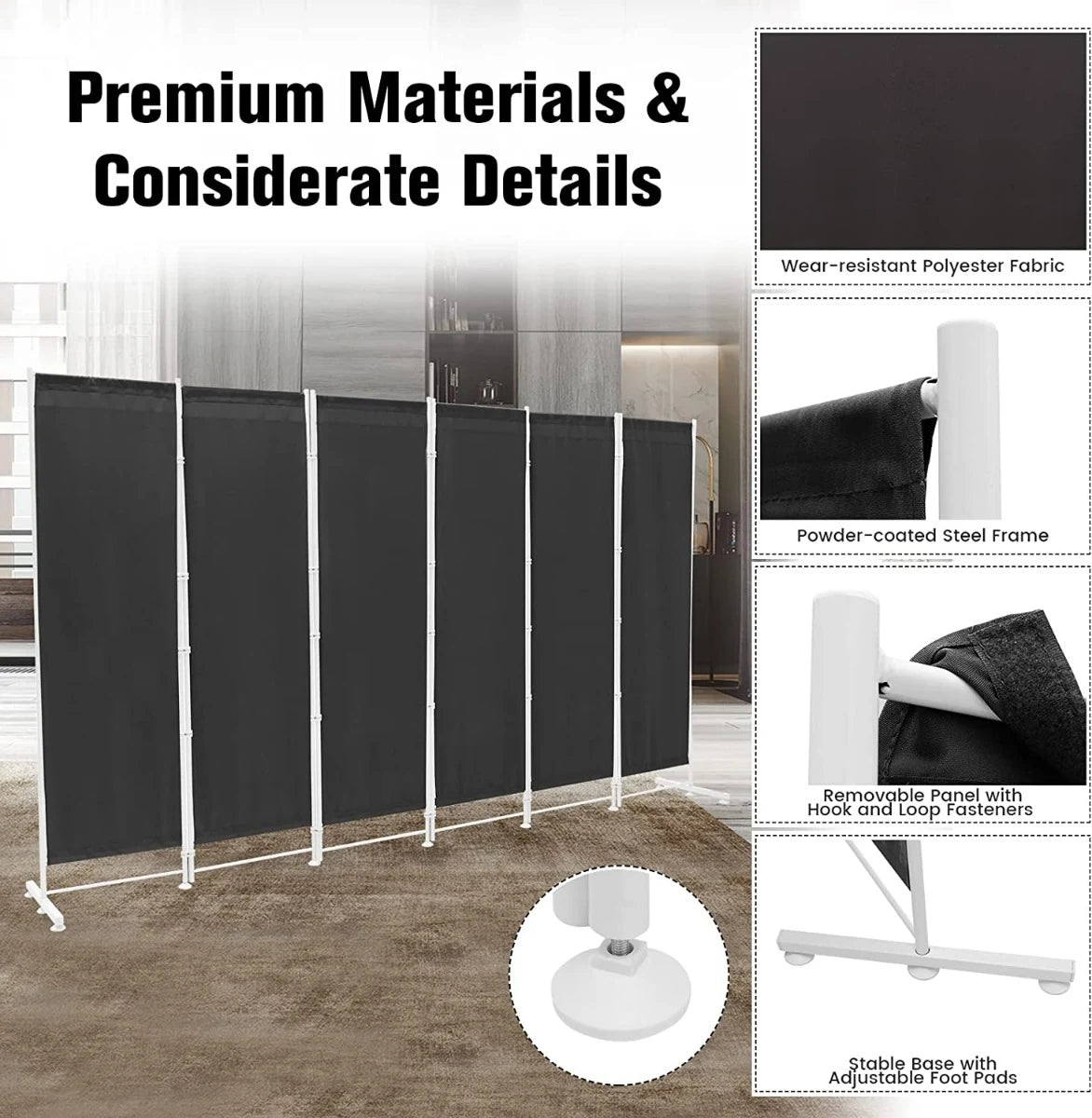 6-Panel Room Divider with Adjustable Foot Pads-Grey