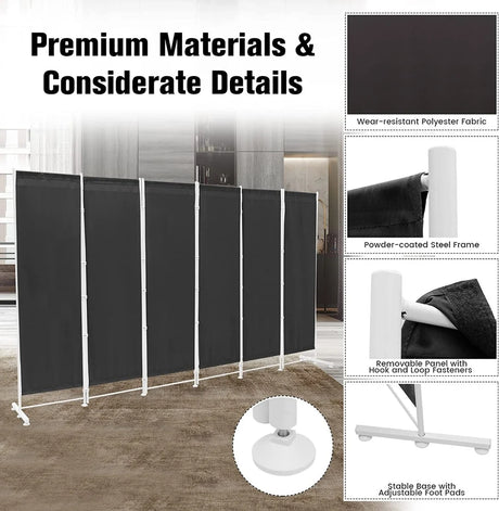 6-Panel Room Divider with Adjustable Foot Pads-Grey