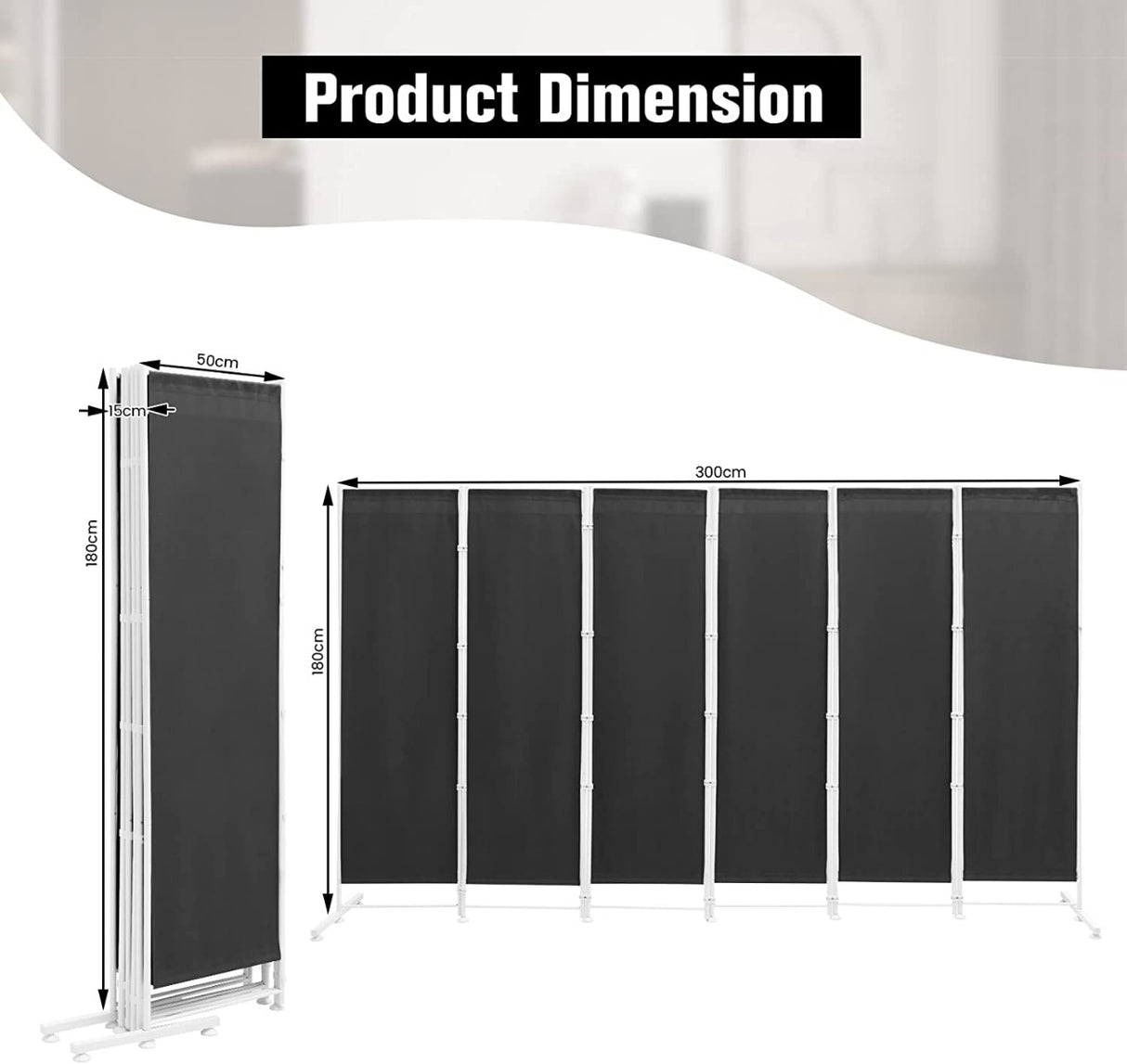 6-Panel Room Divider with Adjustable Foot Pads-Grey