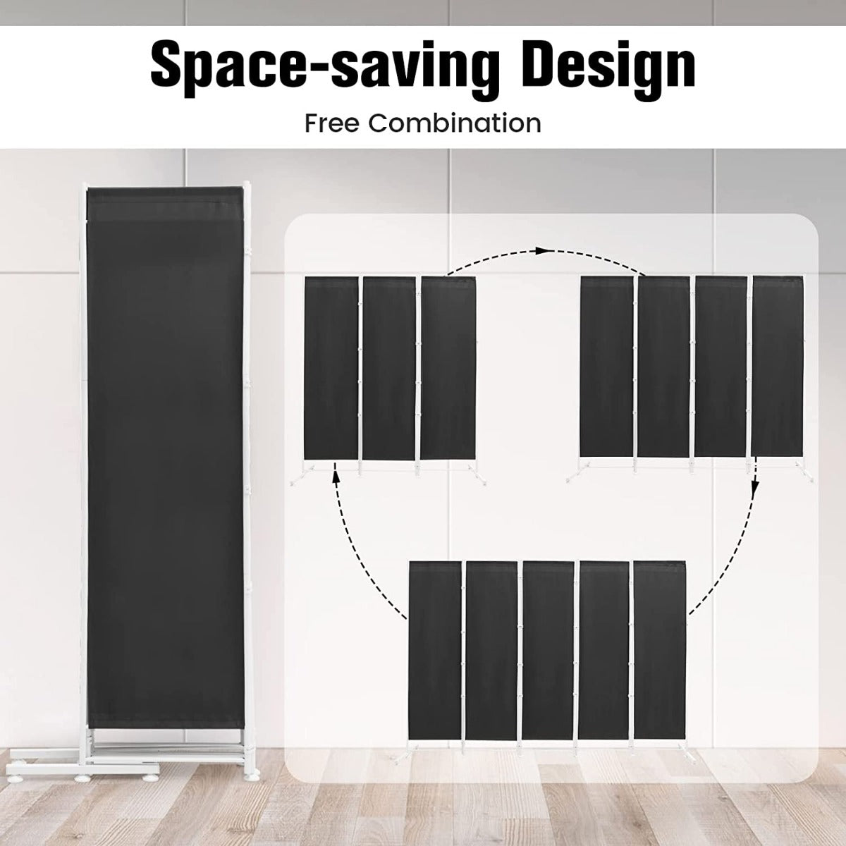 6-Panel Room Divider with Adjustable Foot Pads-Grey