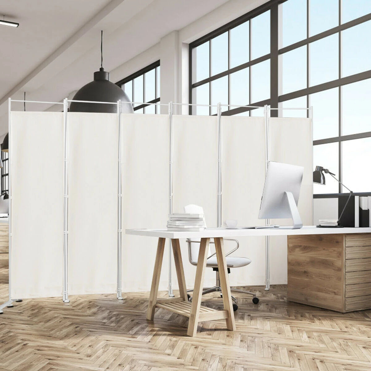 6-Panel Room Divider Folding Privacy Screen-White