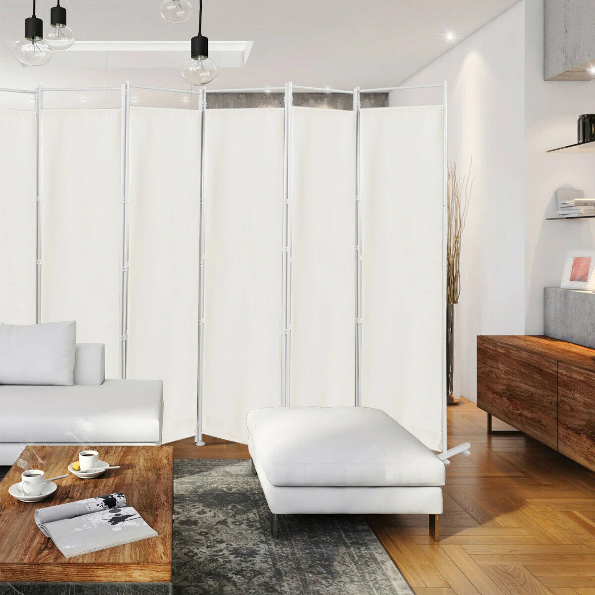 6-Panel Room Divider Folding Privacy Screen-White