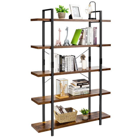 3/5 Tiers Industrial Bookcase with Metal Frame for Home Office-5-Tier