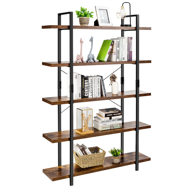 3/5 Tiers Industrial Bookcase with Metal Frame for Home Office-5-Tier