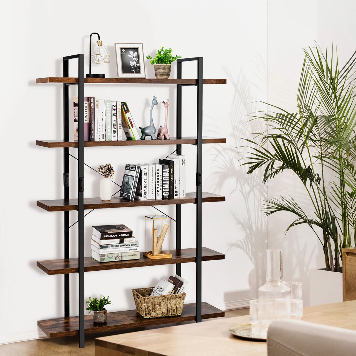 3/5 Tiers Industrial Bookcase with Metal Frame for Home Office-5-Tier