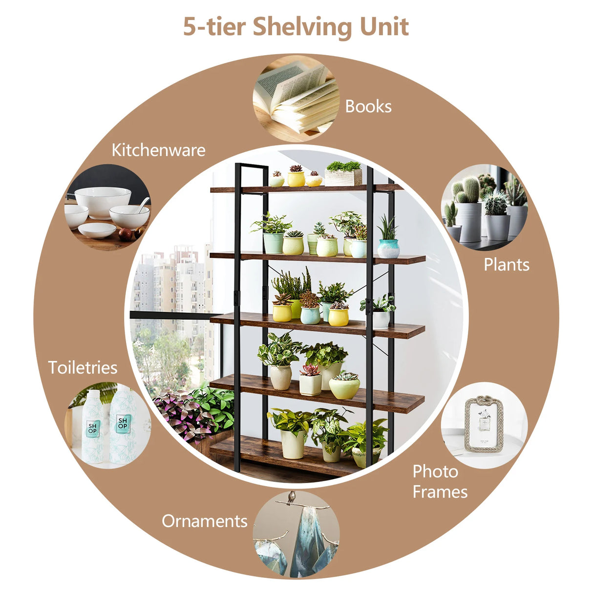 3/5 Tiers Industrial Bookcase with Metal Frame for Home Office-5-Tier