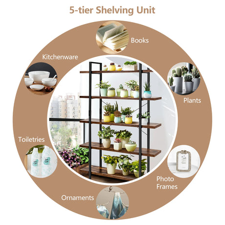3/5 Tiers Industrial Bookcase with Metal Frame for Home Office-5-Tier
