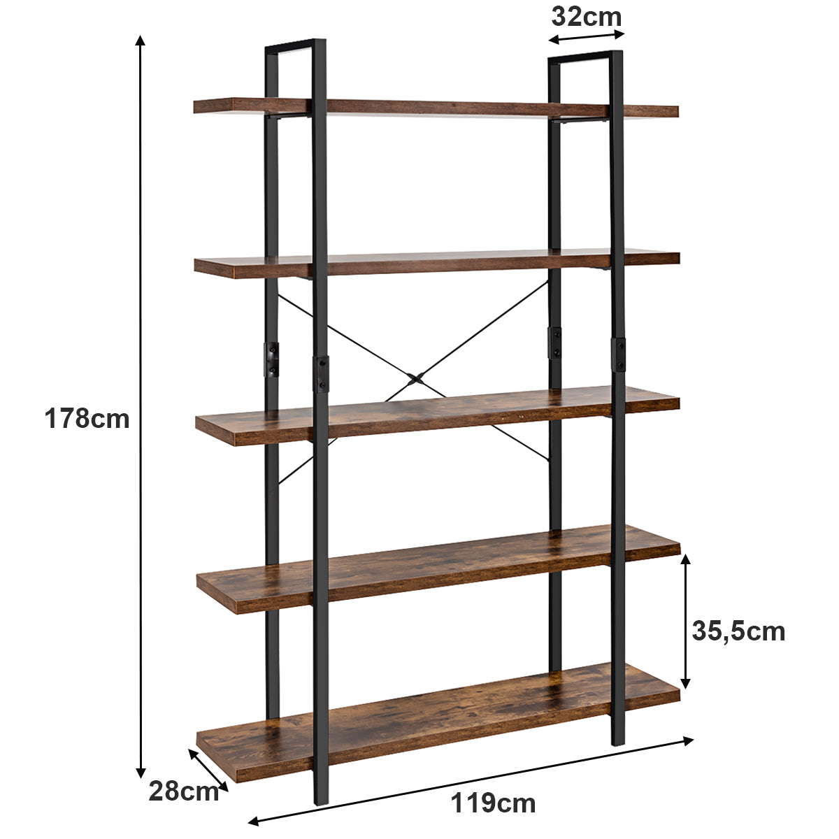 3/5 Tiers Industrial Bookcase with Metal Frame for Home Office-5-Tier
