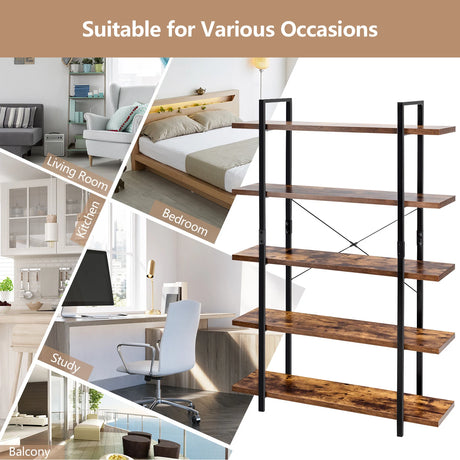 3/5 Tiers Industrial Bookcase with Metal Frame for Home Office-5-Tier