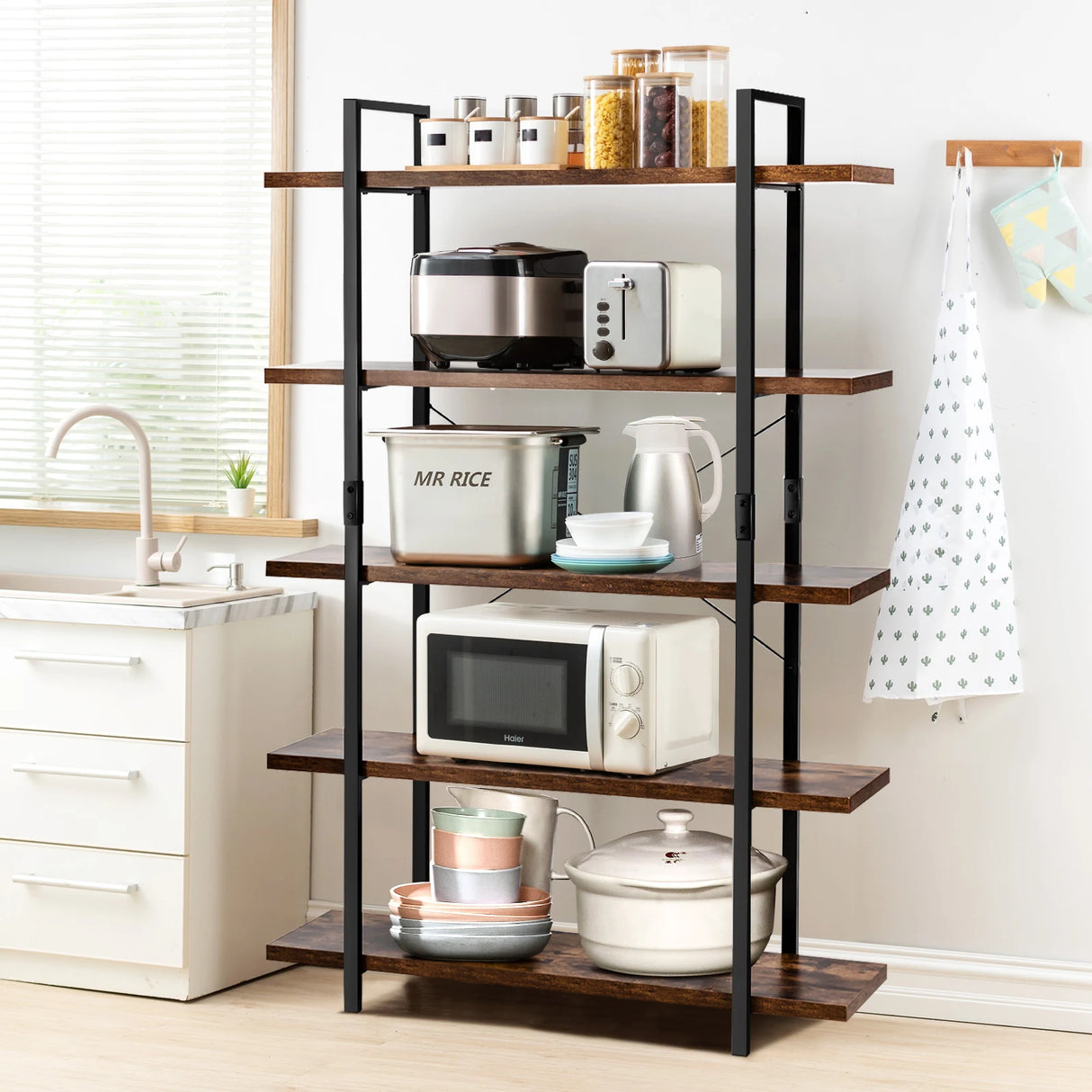3/5 Tiers Industrial Bookcase with Metal Frame for Home Office-5-Tier