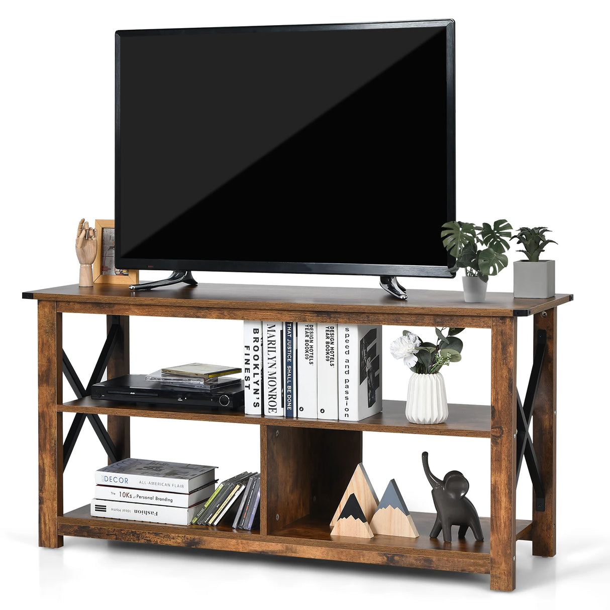 Modern Farmhouse TV Stand Entertainment Center for TV's up to 55-Inch with Open Shelves-Brown