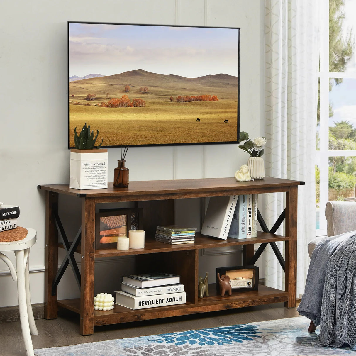 Modern Farmhouse TV Stand Entertainment Center for TV's up to 55-Inch with Open Shelves-Brown