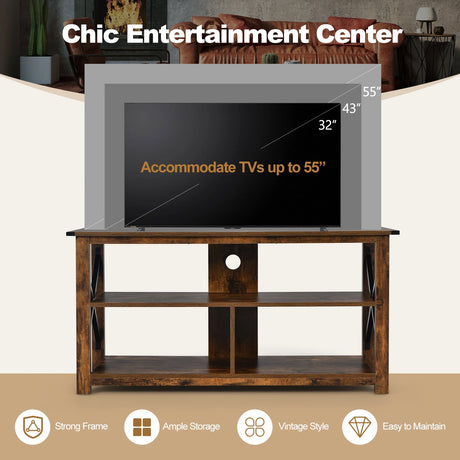 Modern Farmhouse TV Stand Entertainment Center for TV's up to 55-Inch with Open Shelves-Brown