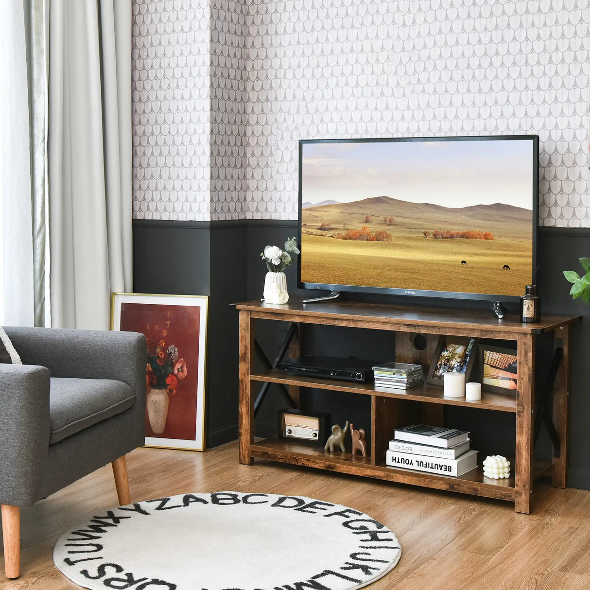 Modern Farmhouse TV Stand Entertainment Center for TV's up to 55-Inch with Open Shelves-Brown