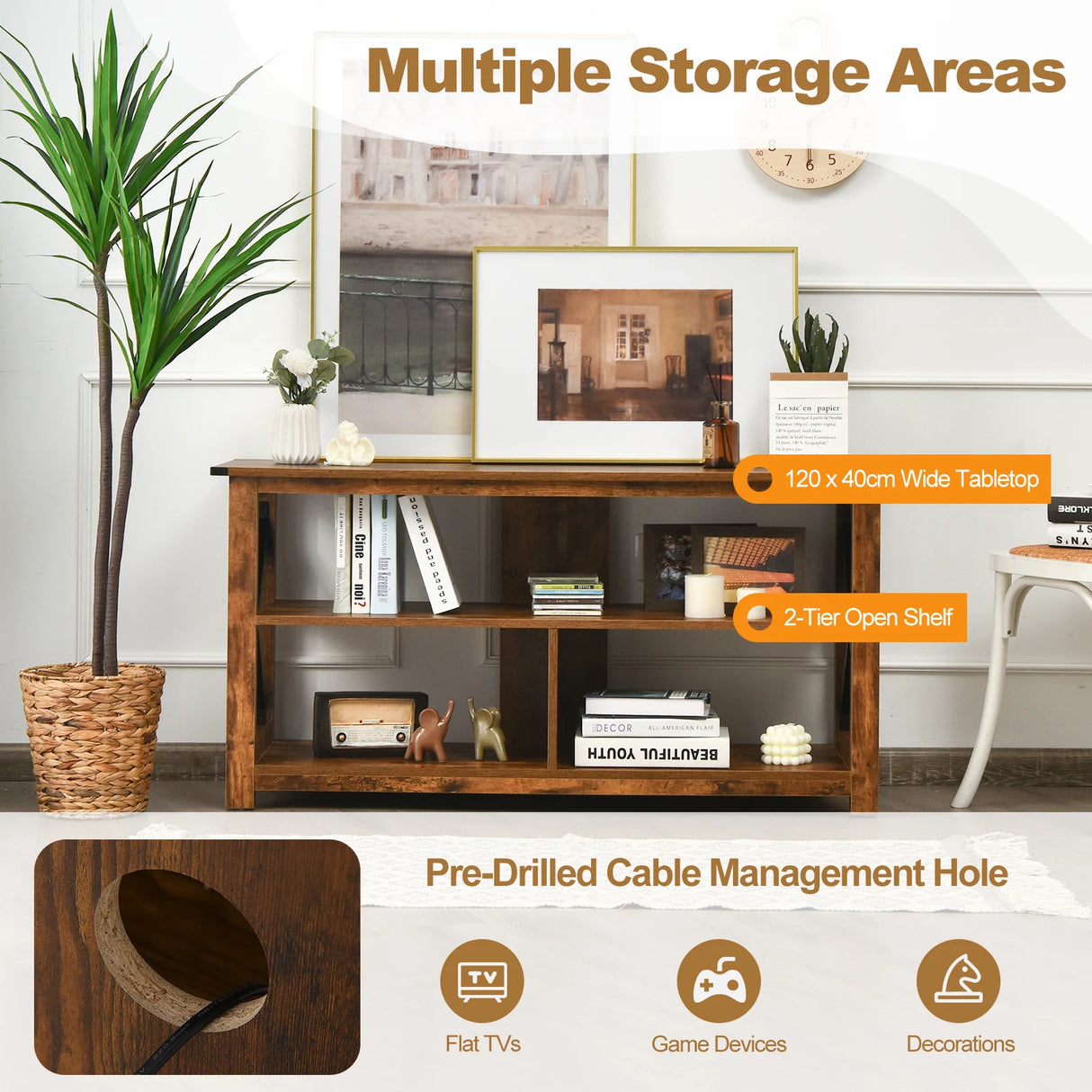 Modern Farmhouse TV Stand Entertainment Center for TV's up to 55-Inch with Open Shelves-Brown