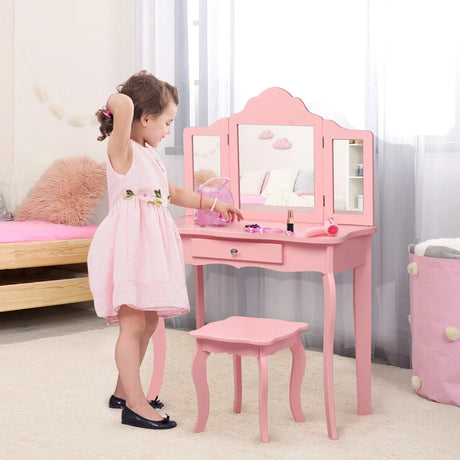 Kids Dressing Table Set with Stool &amp; Mirror for Children Ages 3-7-Pink