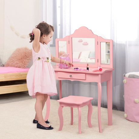 Kids Dressing Table Set with Stool &amp; Mirror for Children Ages 3-7-Pink