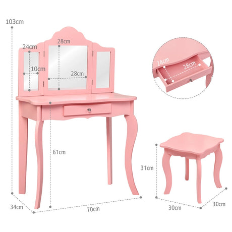 Kids Dressing Table Set with Stool &amp; Mirror for Children Ages 3-7-Pink