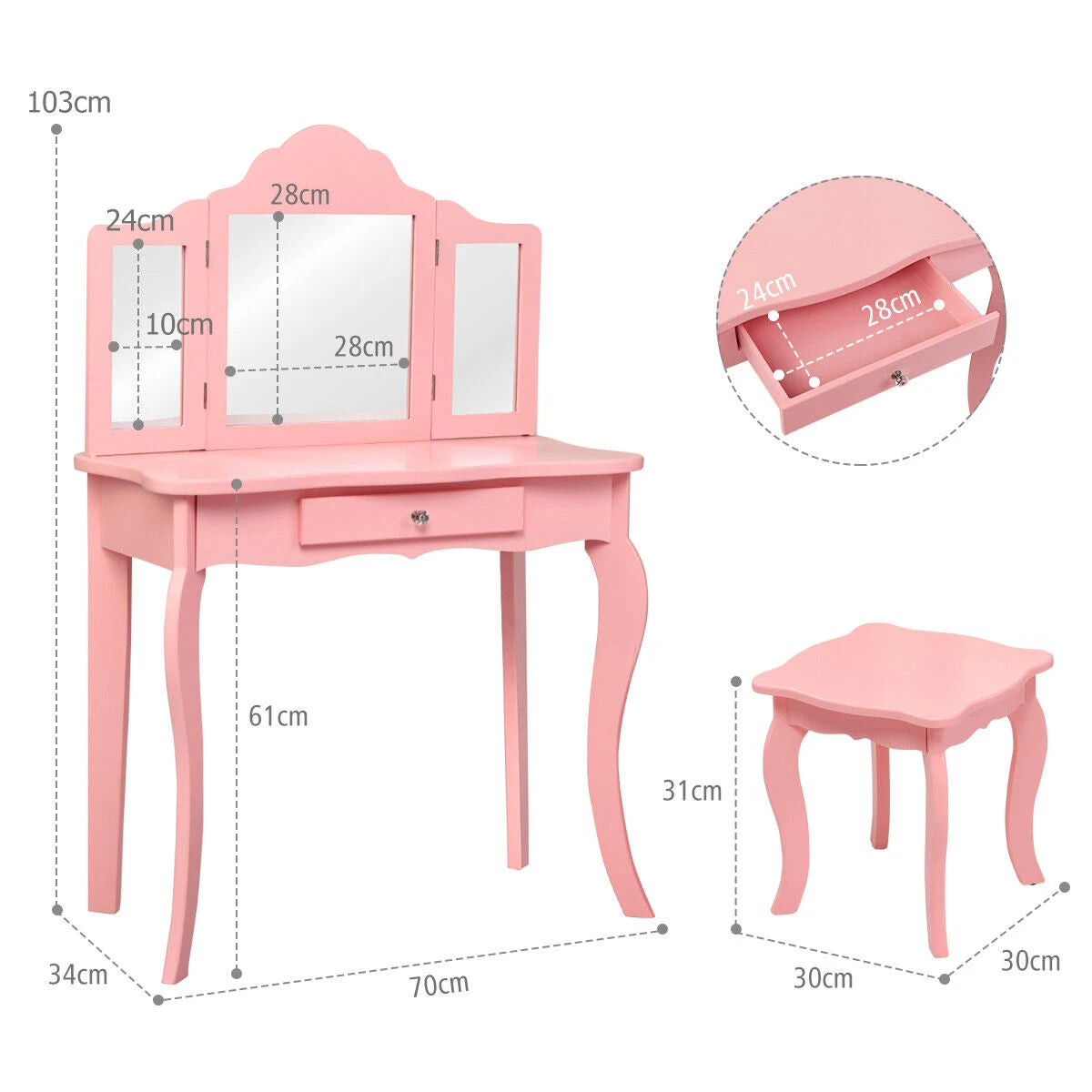 Kids Dressing Table Set with Stool &amp; Mirror for Children Ages 3-7-Pink
