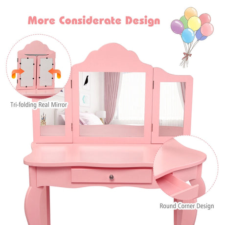 Kids Dressing Table Set with Stool &amp; Mirror for Children Ages 3-7-Pink