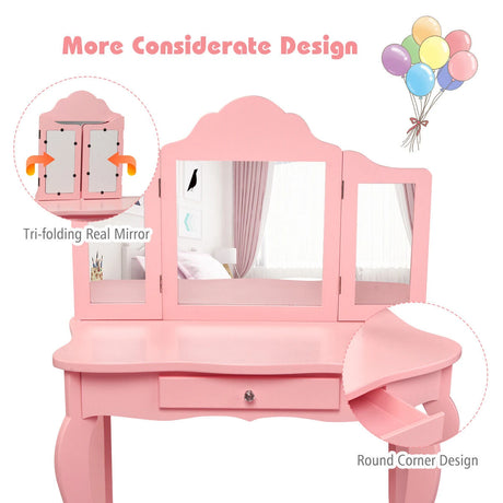 Kids Dressing Table Set with Stool &amp; Mirror for Children Ages 3-7-Pink