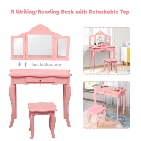 Kids Dressing Table Set with Stool &amp; Mirror for Children Ages 3-7-Pink