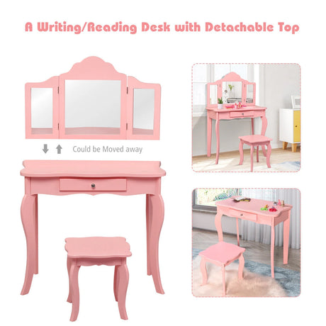 Kids Dressing Table Set with Stool &amp; Mirror for Children Ages 3-7-Pink