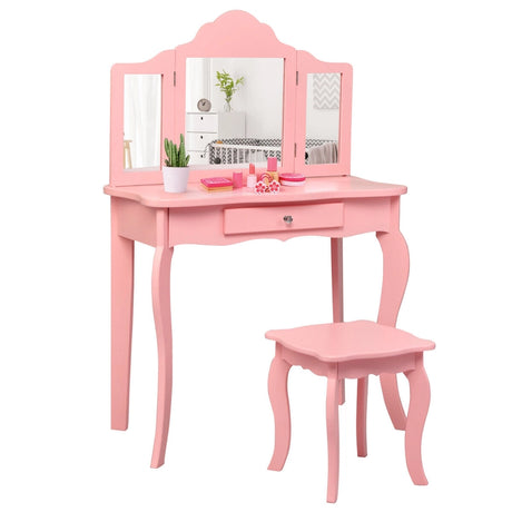 Kids Dressing Table Set with Stool &amp; Mirror for Children Ages 3-7-Pink