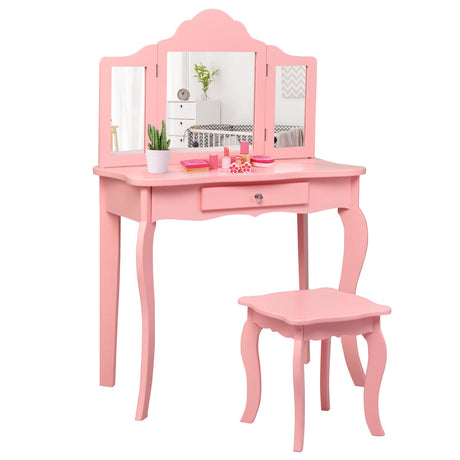 Kids Dressing Table Set with Stool &amp; Mirror for Children Ages 3-7-Pink