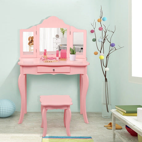 Kids Dressing Table Set with Stool &amp; Mirror for Children Ages 3-7-Pink