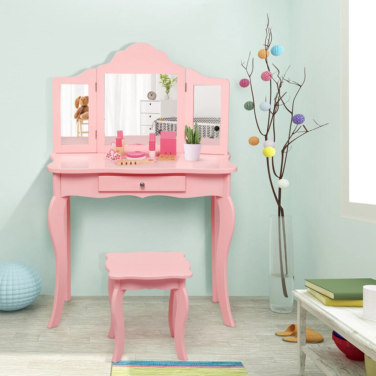 Kids Dressing Table Set with Stool &amp; Mirror for Children Ages 3-7-Pink
