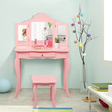 Kids Dressing Table Set with Stool &amp; Mirror for Children Ages 3-7-Pink