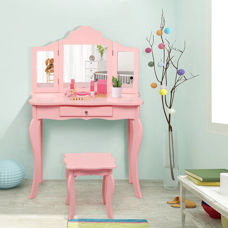 Kids Dressing Table Set with Stool &amp; Mirror for Children Ages 3-7-Pink